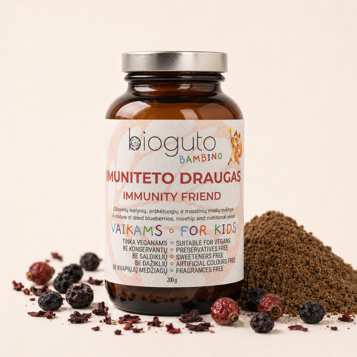 Bioguto IMUNITĀTES DRAUGS – melleņu, mežrozīšu un pārtikas rauga maisījums, 200 g